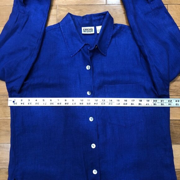 Chico's 100% Linen Button Front Long Sleeve Blue Tunic Size 1 - Picture 9 of 10